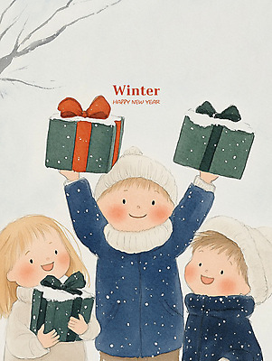 PSD 여자 남자 행복 어린이 크리스마스 겨울 일러스트 동화 웃음 소녀 소년 세명 선물상자 기쁨 어린이만 국내일러스트 계절 기념일 감정 표정 선물 사람 상자 파일형식