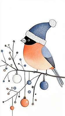 JPG 모자 열매 크리스마스장식 크리스마스 겨울 일러스트 조류 사람없음 장식 파란색 주황색 나뭇가지 눈 오브젝트 국내일러스트 AI일러스트 AI콘텐츠 자연요소 나무 식물 동물 잡화 계절 기념일 컬러 날씨 파일형식