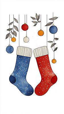 JPG 크리스마스장식 크리스마스 겨울 일러스트 나뭇잎 양말 사람없음 장식 오브젝트 산타양말 국내일러스트 AI일러스트 AI콘텐츠 계절 기념일 잎 파일형식