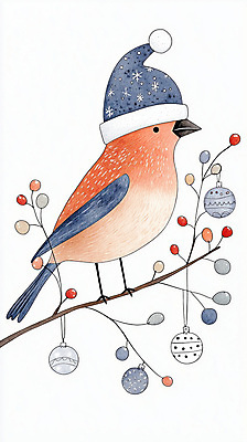 JPG 모자 열매 크리스마스장식 크리스마스 겨울 일러스트 조류 사람없음 장식 파란색 주황색 나뭇가지 오브젝트 국내일러스트 AI일러스트 AI콘텐츠 나무 식물 동물 잡화 계절 기념일 컬러 파일형식