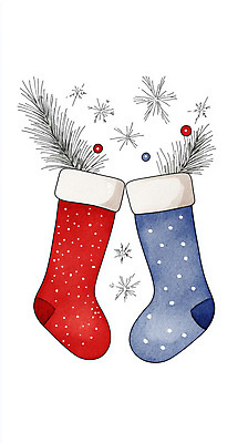 JPG 크리스마스 겨울 일러스트 사람없음 장식 빨간색 파란색 나뭇가지 눈송이 크리스마스양말 산타양말 국내일러스트 AI일러스트 AI콘텐츠 나무 계절 기념일 컬러 크리스마스장식 양말 눈_날씨 파일형식