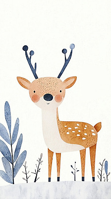 JPG 잎 겨울 일러스트 사슴 사람없음 파란색 갈색 귀여움 눈 국내일러스트 AI일러스트 AI콘텐츠 자연요소 식물 계절 컬러 컨셉 포유류 날씨 파일형식