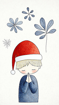 JPG 남자 어린이 잎 크리스마스 겨울 일러스트 산타모자 동화 한명 소년 상반신 파란색 눈감음 희망 기도 손모으기 소년한명만 국내일러스트 AI일러스트 AI콘텐츠 식물 모자_잡화 1 계절 기념일 감정 컬러 모션 사람 손짓 남자한명만 소년만 파일형식