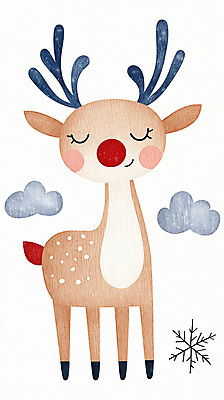 JPG 크리스마스 겨울 일러스트 동화 사람없음 루돌프 눈송이 빨간코 국내일러스트 AI일러스트 AI콘텐츠 계절 기념일 사슴 눈_날씨 파일형식