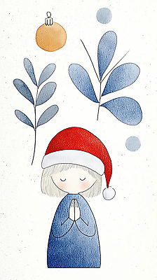 JPG 여자 어린이 잎 크리스마스장식 크리스마스 겨울 일러스트 산타모자 한명 소녀 상반신 파란색 기도 오브젝트 손모으기 소녀한명만 국내일러스트 AI일러스트 AI콘텐츠 식물 모자_잡화 1 계절 기념일 컬러 사람 손짓 여자한명만 소녀만 파일형식