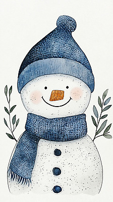 JPG 잎 크리스마스 겨울 일러스트 눈사람 단추 털모자 사람없음 장식 파란색 산타클로스 목도리 남색 손그림 국내일러스트 AI일러스트 AI콘텐츠 식물 모자_잡화 잡화 계절 기념일 컬러 파일형식