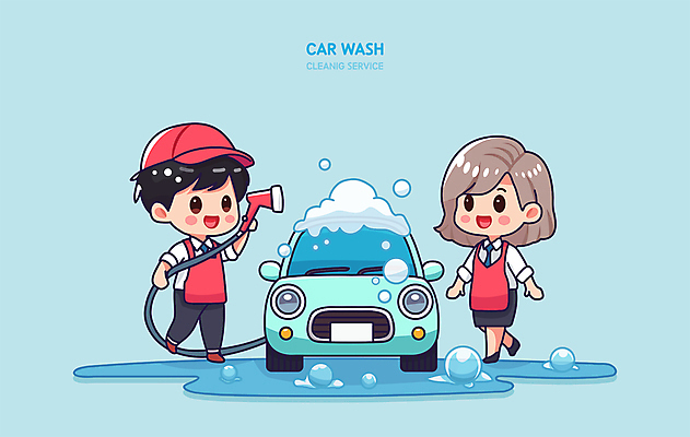 전신 여자 남자 인물캐릭터 하늘색 일러스트 자동차 미소 성인 두명 물 귀여움 거품 서비스 웅덩이 호스 세차 세차장 자동차캐릭터 성인만 손세차 일러캐릭터 AI파일 자연요소 캐릭터 육상교통 컨셉 표정 사람 파란색 파일형식 벡터