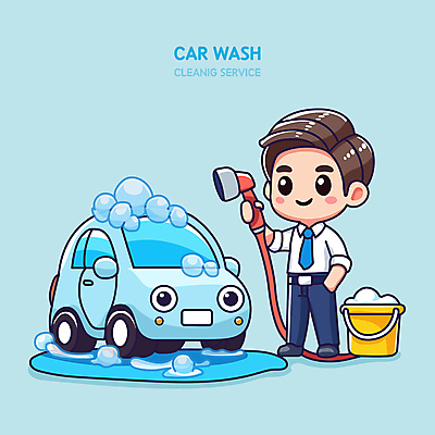 전신 남자 인물캐릭터 하늘색 일러스트 자동차 한명 미소 성인 귀여움 거품 양동이 웅덩이 호스 세차 세차장 자동차캐릭터 성인남자한명만 손세차 일러캐릭터 AI파일 캐릭터 1 육상교통 컨셉 표정 사람 파란색 남자한명만 성인남자만 파일형식 벡터