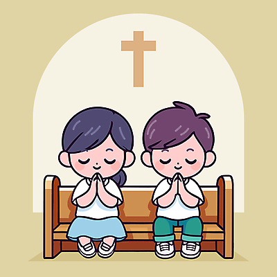 전신 여자 남자 어린이 십자가 의자 일러스트 소녀 소년 두명 갈색 교회 믿음 눈감음 기도 아치 손모으기 어린이만 국내일러스트 AI파일 감정 컬러 가구 종교건축 모션 사람 손짓 건물 파일형식 벡터