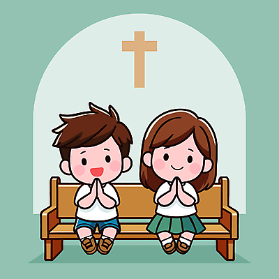 전신 여자 남자 행복 어린이 십자가 일러스트 소녀 소년 두명 초록색 교회 믿음 기도 아치 손모으기 어린이만 국내일러스트 AI파일 감정 컬러 종교건축 사람 손짓 건물 파일형식 벡터