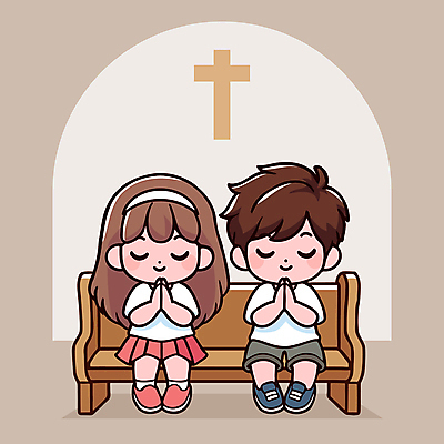 전신 여자 남자 어린이 십자가 일러스트 소녀 소년 두명 교회 믿음 눈감음 기도 아치 예배 손모으기 베이지색 어린이만 2025년 트렌드컬러 국내일러스트 모카무스 AI파일 감정 컬러 종교건축 모션 사람 손짓 건물 연도 파일형식 벡터