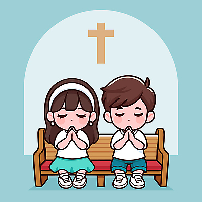 전신 여자 남자 어린이 하늘색 십자가 의자 일러스트 소녀 소년 두명 교회 믿음 눈감음 기도 아치 손모으기 어린이만 국내일러스트 AI파일 감정 가구 종교건축 모션 사람 손짓 건물 파란색 파일형식 벡터