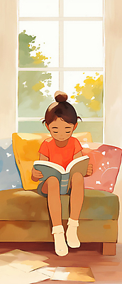 JPG 전신 여자 어린이 일러스트 창문 따뜻함 한명 앉기 소녀 취미 책 소파 독서 햇빛 평화 집중 창가 소녀한명만 국내일러스트 AI일러스트 AI콘텐츠 1 컨셉 의자 모션 사람 태양 여자한명만 소녀만 파일형식