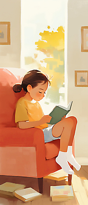 JPG 전신 여자 어린이 일러스트 창문 따뜻함 한명 앉기 소녀 취미 책 소파 독서 햇빛 평화 집중 창가 소녀한명만 국내일러스트 AI일러스트 AI콘텐츠 1 컨셉 의자 모션 사람 태양 여자한명만 소녀만 파일형식