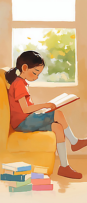 JPG 전신 여자 어린이 일러스트 창문 따뜻함 한명 앉기 소녀 취미 책 소파 독서 햇빛 평화 집중 창가 소녀한명만 국내일러스트 AI일러스트 AI콘텐츠 1 컨셉 의자 모션 사람 태양 여자한명만 소녀만 파일형식