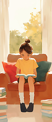 JPG 전신 여자 어린이 일러스트 창문 따뜻함 한명 앉기 소녀 취미 책 소파 독서 햇빛 평화 집중 창가 소녀한명만 국내일러스트 AI일러스트 AI콘텐츠 1 컨셉 의자 모션 사람 태양 여자한명만 소녀만 파일형식