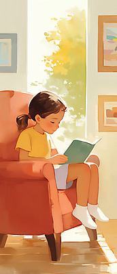 JPG 전신 여자 어린이 일러스트 창문 따뜻함 한명 앉기 소녀 취미 책 소파 독서 햇빛 평화 집중 창가 소녀한명만 국내일러스트 AI일러스트 AI콘텐츠 1 컨셉 의자 모션 사람 태양 여자한명만 소녀만 파일형식