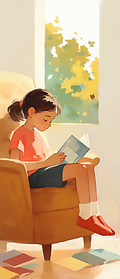 JPG 전신 여자 어린이 일러스트 창문 따뜻함 한명 앉기 소녀 취미 책 소파 독서 햇빛 평화 집중 창가 소녀한명만 국내일러스트 AI일러스트 AI콘텐츠 1 컨셉 의자 모션 사람 태양 여자한명만 소녀만 파일형식