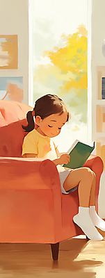 JPG 전신 여자 어린이 일러스트 창문 따뜻함 그림자 한명 앉기 소녀 취미 책 소파 독서 햇빛 평화 집중 창가 소녀한명만 국내일러스트 AI일러스트 AI콘텐츠 1 컨셉 의자 모션 사람 태양 여자한명만 소녀만 파일형식