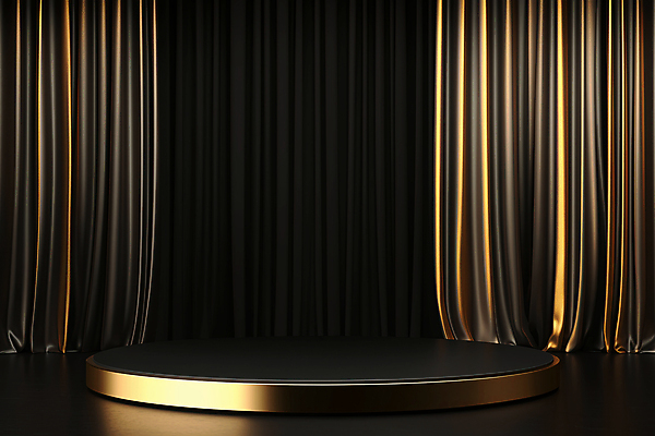 JPG 편집 편집이미지 실내 사람없음 검은색 금색 커튼 원형 황금 합성 단상 포디움 편집실사 AI포토 AI콘텐츠 도형 컬러 내부 무대 CG 파일형식