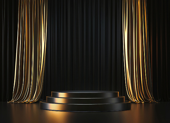 JPG 편집 편집이미지 실내 사람없음 검은색 금색 커튼 원형 황금 합성 단상 포디움 편집실사 AI포토 AI콘텐츠 도형 컬러 내부 무대 CG 파일형식