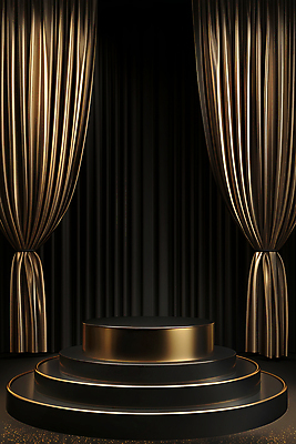 JPG 편집 편집이미지 실내 사람없음 검은색 금색 커튼 원형 황금 합성 단상 포디움 편집실사 AI포토 AI콘텐츠 도형 컬러 내부 무대 CG 파일형식