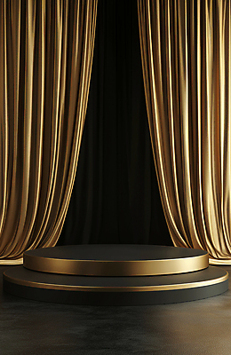 JPG 편집 편집이미지 실내 사람없음 검은색 금색 커튼 원형 황금 합성 단상 포디움 편집실사 AI포토 AI콘텐츠 도형 컬러 내부 무대 CG 파일형식