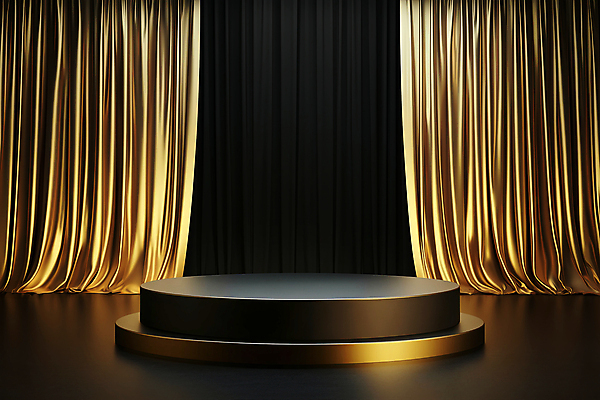 JPG 편집 편집이미지 실내 사람없음 검은색 금색 커튼 원형 황금 합성 단상 포디움 편집실사 AI포토 AI콘텐츠 도형 컬러 내부 무대 CG 파일형식