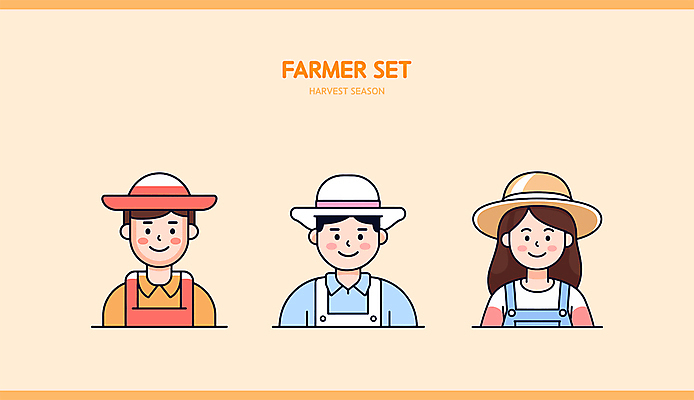 여자 남자 인물캐릭터 일러스트 직업캐릭터 미소 웃음 상반신 성인 세명 세트 주황색 농부 밀짚모자 성인만 일러캐릭터 AI파일 직업 캐릭터 모자_잡화 컬러 표정 사람 파일형식 벡터