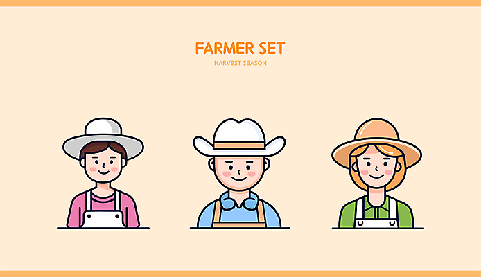 여자 남자 인물캐릭터 일러스트 직업캐릭터 미소 웃음 상반신 성인 세명 세트 주황색 농부 밀짚모자 성인만 일러캐릭터 AI파일 직업 캐릭터 모자_잡화 컬러 표정 사람 파일형식 벡터