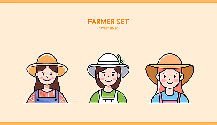 여자 인물캐릭터 일러스트 직업캐릭터 미소 웃음 상반신 성인 세명 세트 주황색 농부 밀짚모자 성인여자만 일러캐릭터 AI파일 직업 캐릭터 모자_잡화 컬러 표정 사람 여자만 성인만 파일형식 벡터