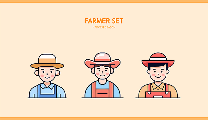 남자 인물캐릭터 일러스트 직업캐릭터 미소 웃음 상반신 성인 세명 세트 주황색 농부 밀짚모자 성인남자만 일러캐릭터 AI파일 직업 캐릭터 모자_잡화 컬러 표정 사람 남자만 성인만 파일형식 벡터