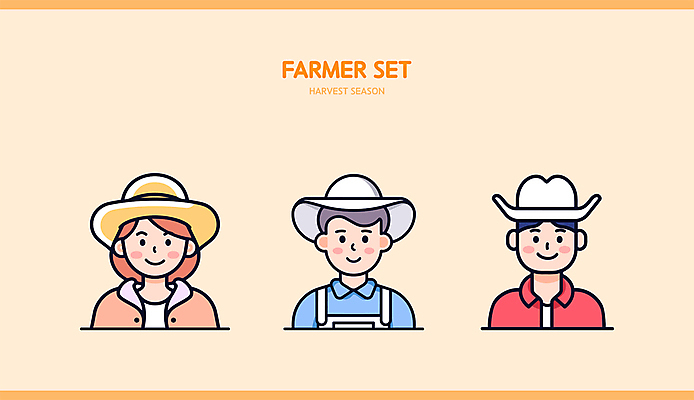 여자 남자 인물캐릭터 일러스트 직업캐릭터 미소 웃음 상반신 성인 세명 세트 주황색 농부 밀짚모자 성인만 일러캐릭터 AI파일 직업 캐릭터 모자_잡화 컬러 표정 사람 파일형식 벡터