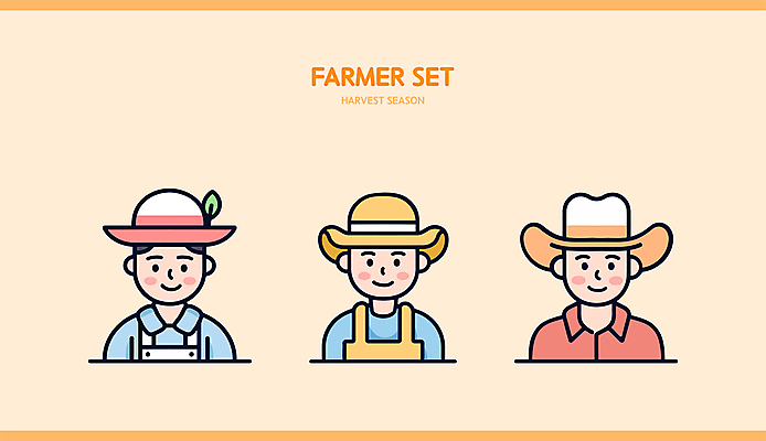 남자 인물캐릭터 일러스트 직업캐릭터 미소 웃음 상반신 성인 세명 세트 주황색 농부 밀짚모자 성인남자만 일러캐릭터 AI파일 직업 캐릭터 모자_잡화 컬러 표정 사람 남자만 성인만 파일형식 벡터