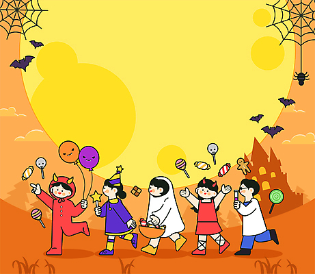 전신 여자 남자 어린이 일러스트 요정 막대사탕 사탕 박사 소녀 소년 여러명 분장 걷기 주황색 할로윈 보름달 가리킴 유령 악마 거미줄 마녀 거미 박쥐 풍선 어린이만 국내일러스트 AI파일 직업 컬러 다수 곤충 포유류 모션 디저트 사람 손짓 달 파일형식 벡터