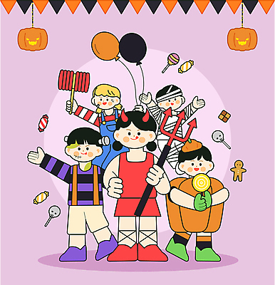 전신 여자 남자 어린이 일러스트 호박 막대사탕 사탕 소녀 소년 여러명 분장 할로윈 악마 풍선 삼지창 몬스터 미라 잭오랜턴 진저맨 프랑켄슈타인 어린이만 국내일러스트 AI파일 창 다수 채소 디저트 사람 진저쿠키 파일형식 벡터