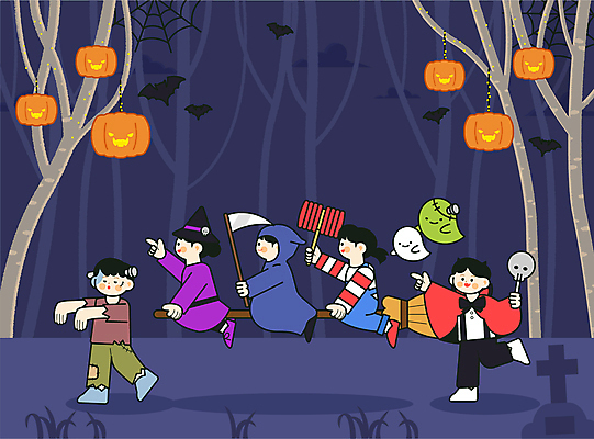 전신 나무 여자 남자 어린이 일러스트 소녀 소년 여러명 분장 걷기 할로윈 무덤 유령 야간 숲 악마 마녀 드라큘라 마법빗자루 몬스터 사신 잭오랜턴 프랑켄슈타인 좀비 어린이만 국내일러스트 AI파일 자연요소 식물 다수 모션 사람 빗자루 파일형식 벡터