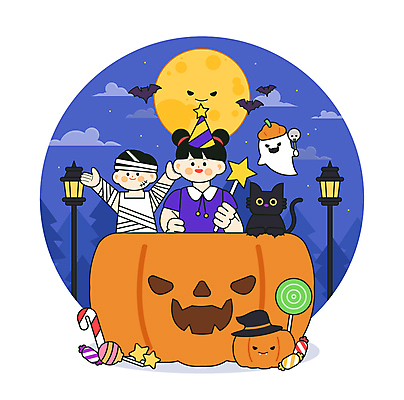 여자 남자 어린이 가로등 일러스트 호박 막대사탕 소녀 소년 상반신 두명 분장 고양이 할로윈 보름달 유령 야간 마녀 박쥐 미라 어린이만 국내일러스트 AI파일 자연요소 공공시설 채소 포유류 사탕 사람 반려동물 달 파일형식 벡터