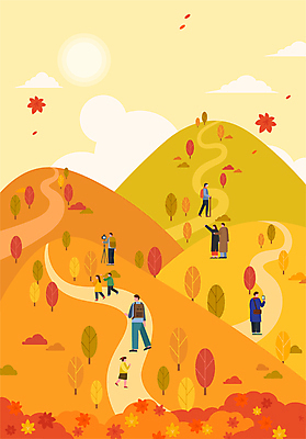 전신 여자 남자 어린이 단풍 일러스트 단풍나무 산 풍경 소녀 소년 여러명 성인 등산 가을 국내일러스트 AI파일 나무 계절 다수 잎 사람 트래킹 파일형식 벡터