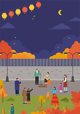 전신 여자 남자 어린이 단풍 야경 가로등 일러스트 노래 밤하늘 단풍나무 소녀 여러명 성인 가을 기타 연등 돌담길 버스킹 국내일러스트 AI파일 나무 계절 공공시설 길 음악 다수 잎 하늘 현악기 돌담 사람 공연 등불 야간 불교용품 파일형식 벡터 풍경_경치