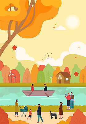 전신 여자 남자 반려견 호수 어린이 단풍 일러스트 단풍나무 풍경 소녀 여러명 성인 산책 가을 강아지 나룻배 유모차 국내일러스트 AI파일 나무 계절 다수 잎 배_교통 휴식 사람 반려동물 아기용품 개 파일형식 벡터