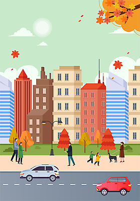 전신 여자 남자 반려견 도로 어린이 가로등 일러스트 자동차 단풍나무 거리 풍경 소녀 빌딩 소년 여러명 성인 가을 도심 강아지 국내일러스트 AI파일 나무 계절 공공시설 길 육상교통 다수 단풍 교통시설 사람 건물 반려동물 도시 개 파일형식 벡터