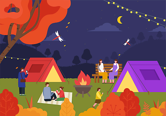 전신 여자 남자 어린이 단풍 야경 일러스트 밤하늘 단풍나무 조명 텐트 소녀 소년 여러명 성인 캠핑 가을 잠자리 국내일러스트 AI파일 나무 계절 다수 곤충 잎 하늘 레저 캠핑도구 사람 야간 파일형식 벡터 풍경_경치