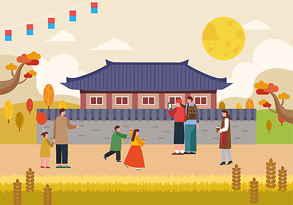 전신 여자 명절 남자 어린이 단풍 일러스트 기와집 풍경 소녀 소년 여러명 성인 추석 사진촬영 벼 보름달 가을 시골 한복 청사초롱 국내일러스트 AI파일 한국전통 전통 계절 기념일 다수 잎 한옥 곡류 사람 촬영 달 전통의상 초롱 파일형식 벡터