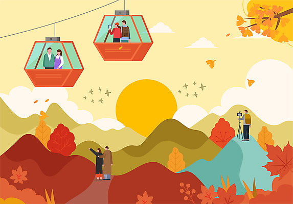 전신 여자 남자 단풍 일러스트 단풍나무 산 풍경 여러명 성인 사진촬영 등산 가을 가리킴 은행잎 은행나무 케이블카 삼각대 성인만 국내일러스트 AI파일 나무 계절 다수 잎 사람 손짓 촬영 트래킹 파일형식 벡터