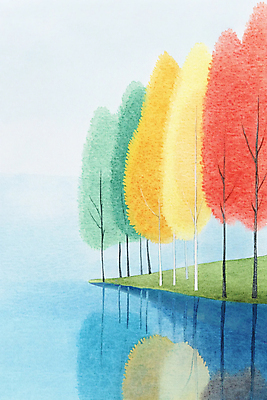 JPG 나무 호수 일러스트 단풍나무 색연필 수채화 풍경 사람없음 파란색 컬러풀 반사 가을풍경 가을 국내일러스트 AI일러스트 AI콘텐츠 식물 계절 컬러 단풍 학용품 파일형식 가을_계절