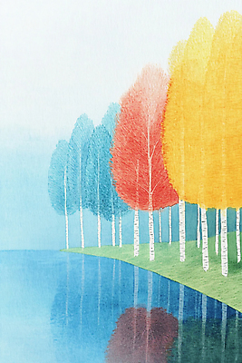 JPG 나무 호수 일러스트 단풍나무 색연필 수채화 풍경 사람없음 파란색 컬러풀 반사 가을풍경 가을 국내일러스트 AI일러스트 AI콘텐츠 식물 계절 컬러 단풍 학용품 파일형식 가을_계절