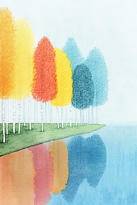 JPG 나무 호수 일러스트 단풍나무 색연필 수채화 풍경 사람없음 파란색 컬러풀 반사 가을풍경 가을 국내일러스트 AI일러스트 AI콘텐츠 식물 계절 컬러 단풍 학용품 파일형식 가을_계절