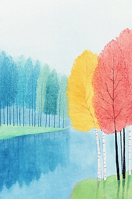 JPG 나무 호수 일러스트 단풍나무 색연필 수채화 풍경 사람없음 파란색 컬러풀 반사 가을풍경 가을 국내일러스트 AI일러스트 AI콘텐츠 식물 계절 컬러 단풍 학용품 파일형식 가을_계절