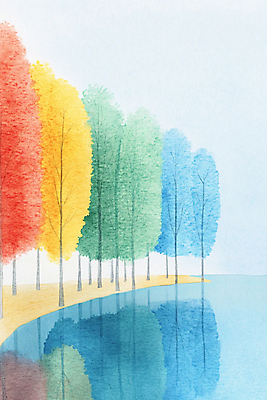 JPG 나무 호수 일러스트 단풍나무 색연필 수채화 풍경 사람없음 파란색 컬러풀 반사 가을풍경 가을 국내일러스트 AI일러스트 AI콘텐츠 식물 계절 컬러 단풍 학용품 파일형식 가을_계절